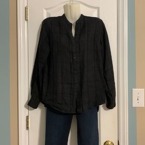 Lauren Ralph Lauren P/M 100% Linen Black Checker Roll Tab Long Sleeve Blouse